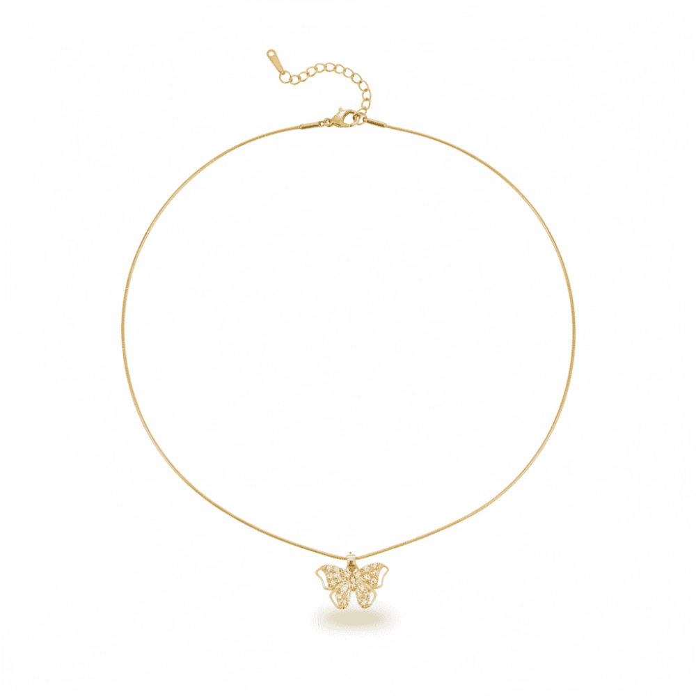 Kadın Çelik Kolye - Kelebek Tasarım - Beyaz Zirkon Taşlı - Altın Renk - 5