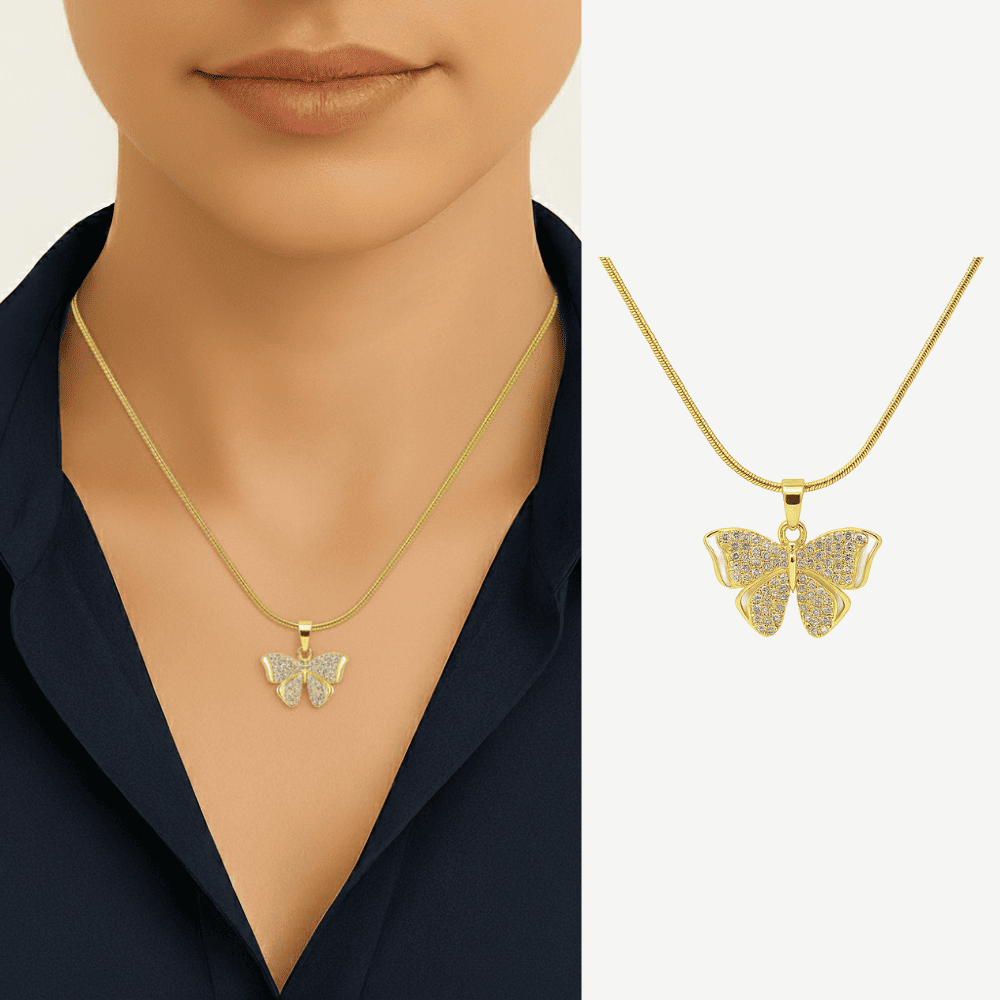 Kadın Çelik Kolye - Kelebek Tasarım - Beyaz Zirkon Taşlı - Altın Renk - 1