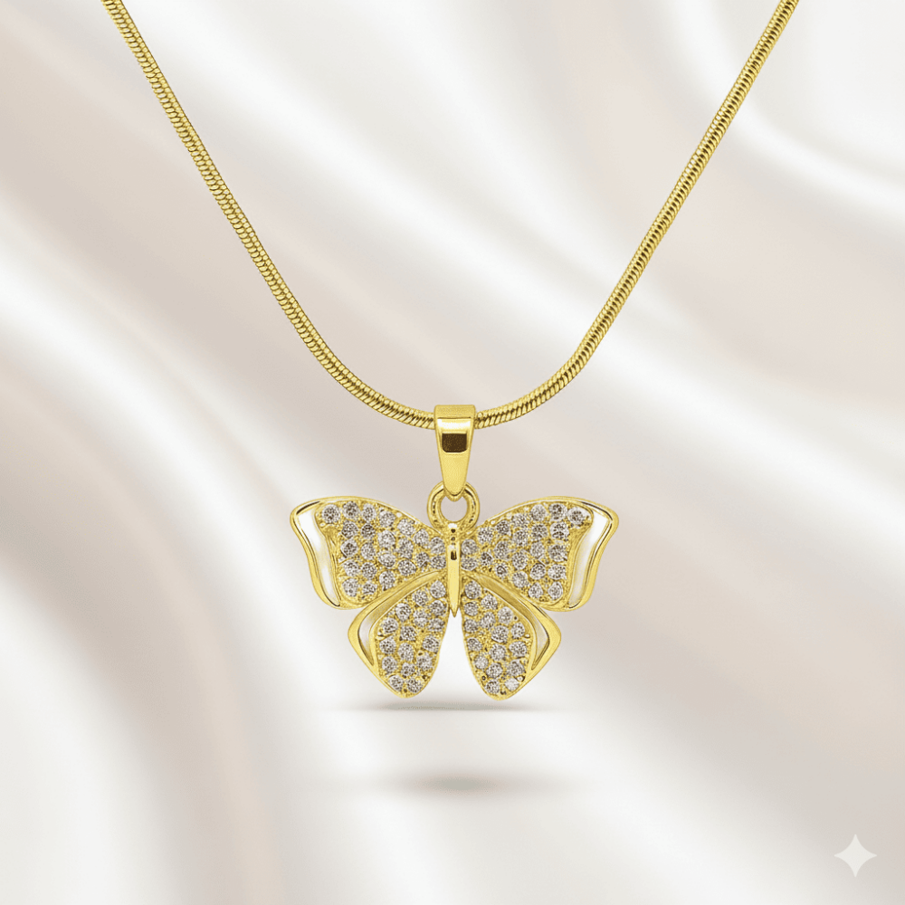 Kadın Çelik Kolye - Kelebek Tasarım - Beyaz Zirkon Taşlı - Altın Renk - 3