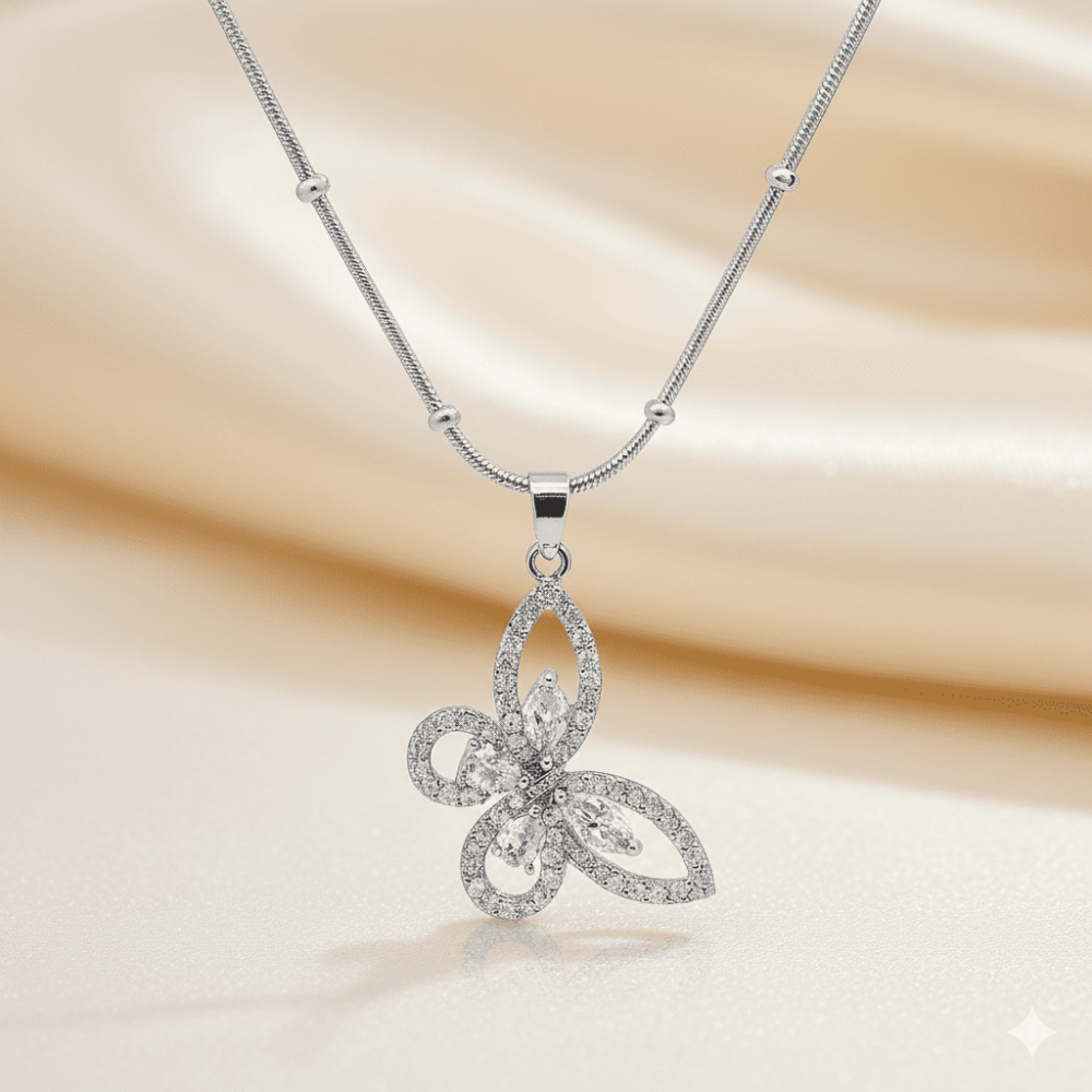Kadın Çelik Kolye - Kelebek Tasarım - Beyaz Zirkon Taşlı - Gümüş Renk - 3