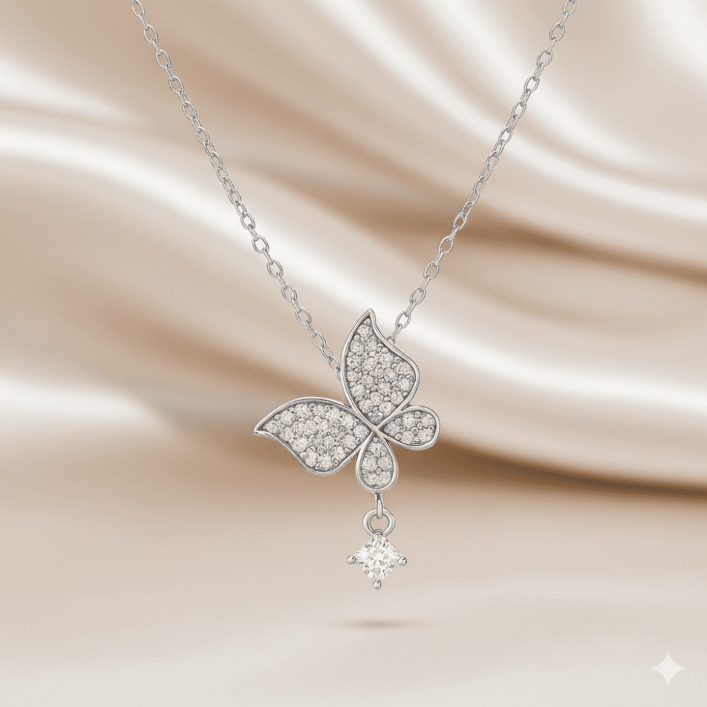 Kadın Çelik Kolye - Kelebek Tasarım - Beyaz Zirkon Taşlı - Tek Taş Süslemeli - Gümüş Renk - 3