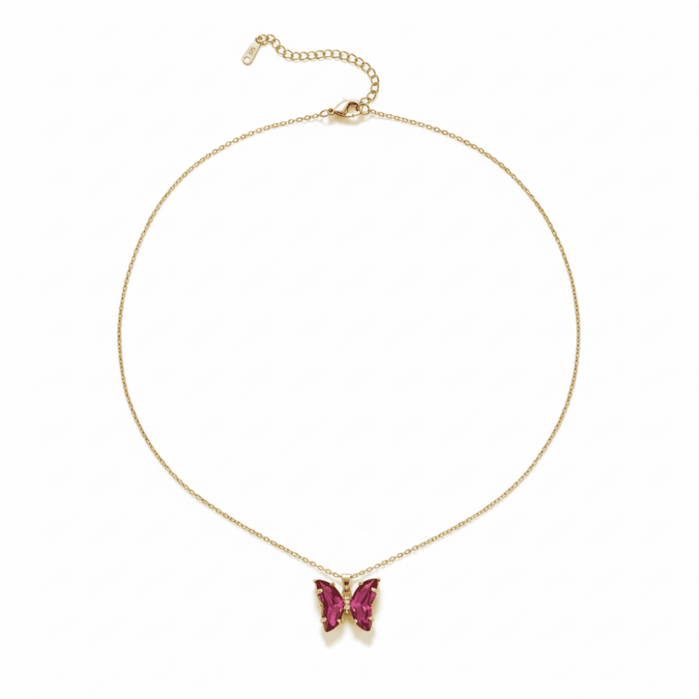 Kadın Çelik Kolye - Kelebek Tasarım - Fuşya Sarı Zirkon Taşlı - Altın Renk - 5