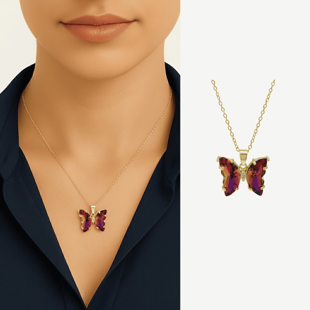 Kadın Çelik Kolye - Kelebek Tasarım - Fuşya Sarı Zirkon Taşlı - Altın Renk - 1