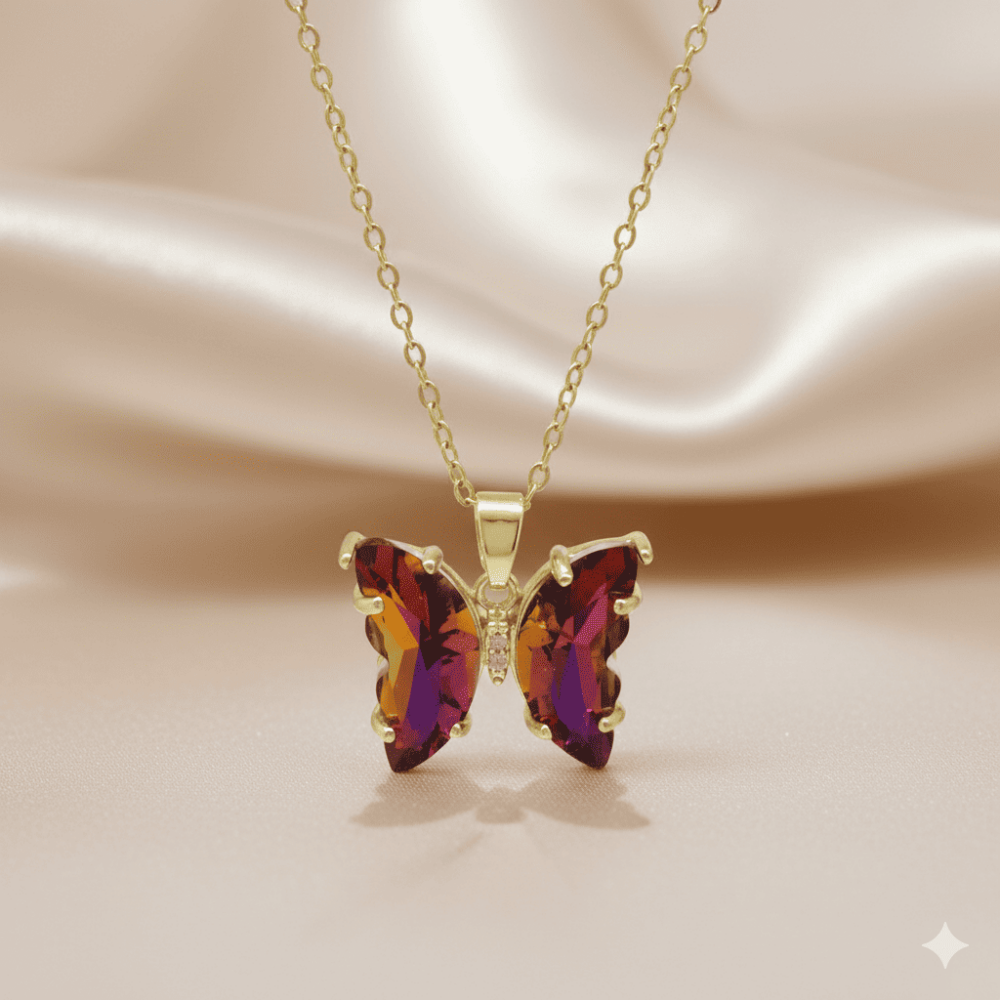 Kadın Çelik Kolye - Kelebek Tasarım - Fuşya Sarı Zirkon Taşlı - Altın Renk - 3
