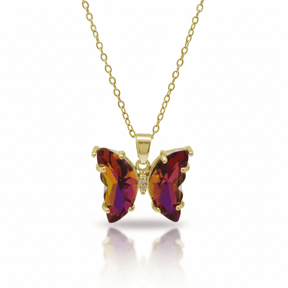 Kadın Çelik Kolye - Kelebek Tasarım - Fuşya Sarı Zirkon Taşlı - Altın Renk - 4