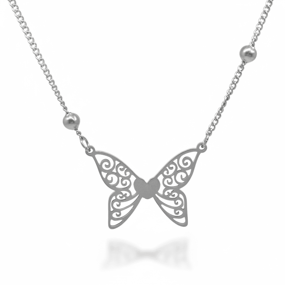 Kadın Çelik Kolye - Kelebek Tasarım - Gümüş Renk - 4