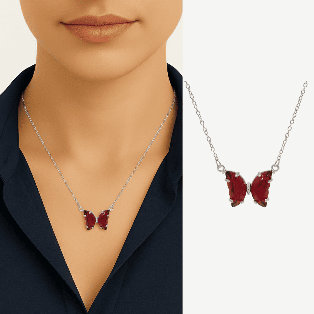 Kadın Çelik Kolye - Kelebek Tasarım - Kırmızı Zirkon Taşlı - Gümüş Renk - 1
