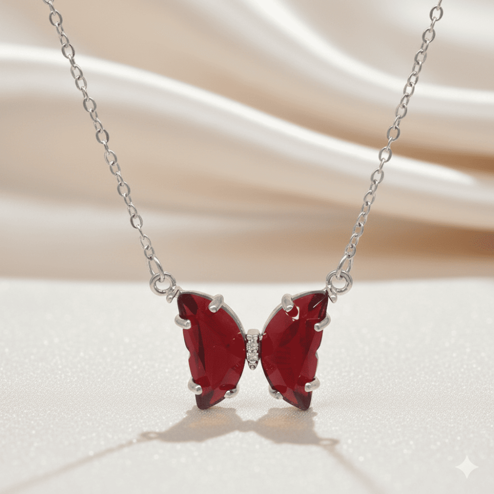 Kadın Çelik Kolye - Kelebek Tasarım - Kırmızı Zirkon Taşlı - Gümüş Renk - 3