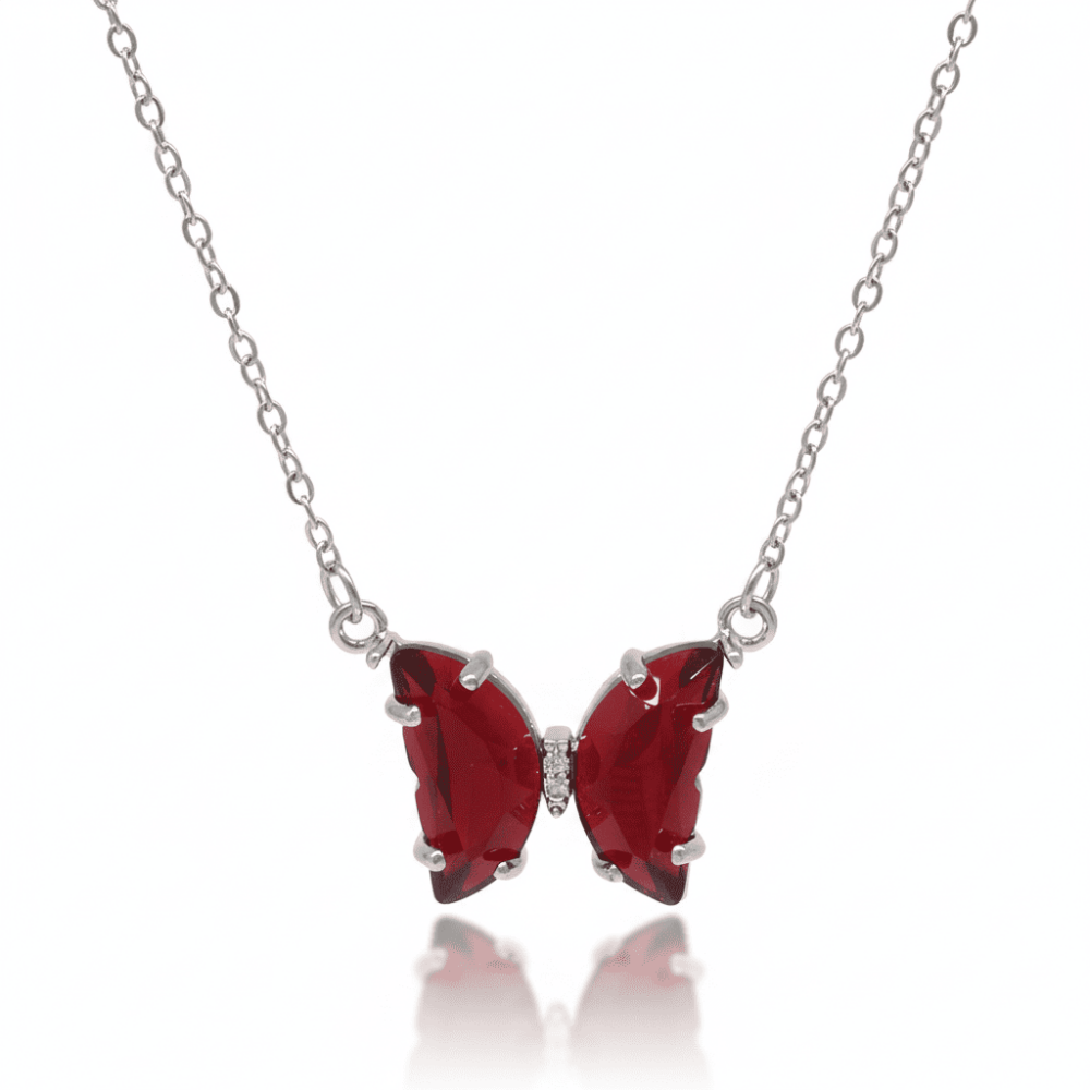 Kadın Çelik Kolye - Kelebek Tasarım - Kırmızı Zirkon Taşlı - Gümüş Renk - 4