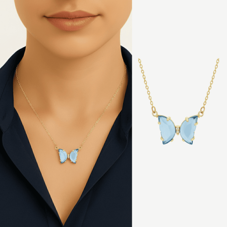 Kadın Çelik Kolye - Kelebek Tasarım - Mavi Zirkon Taşlı - Altın Renk - Tesbihane