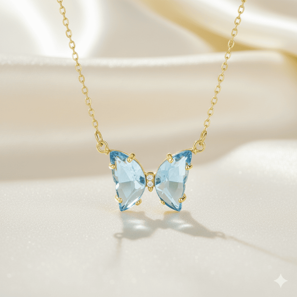 Kadın Çelik Kolye - Kelebek Tasarım - Mavi Zirkon Taşlı - Altın Renk - 3