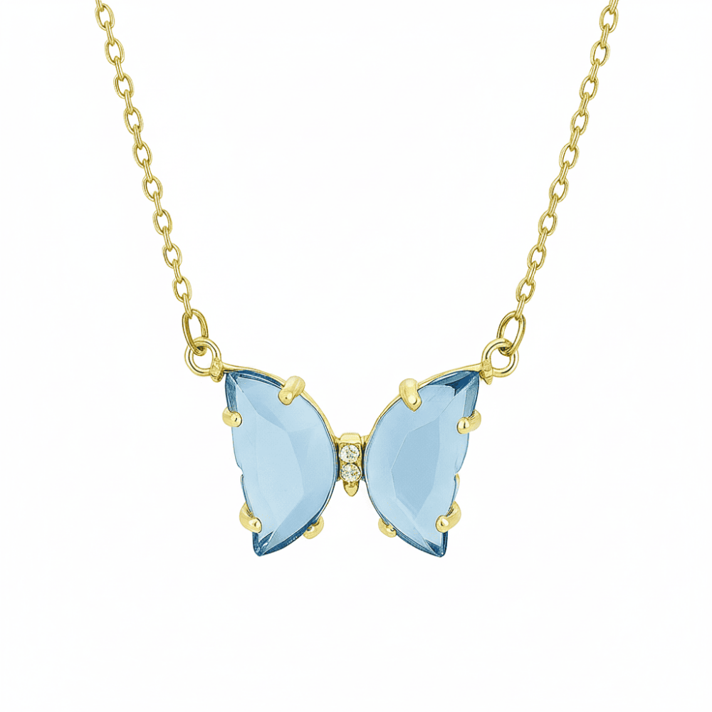 Kadın Çelik Kolye - Kelebek Tasarım - Mavi Zirkon Taşlı - Altın Renk - 4