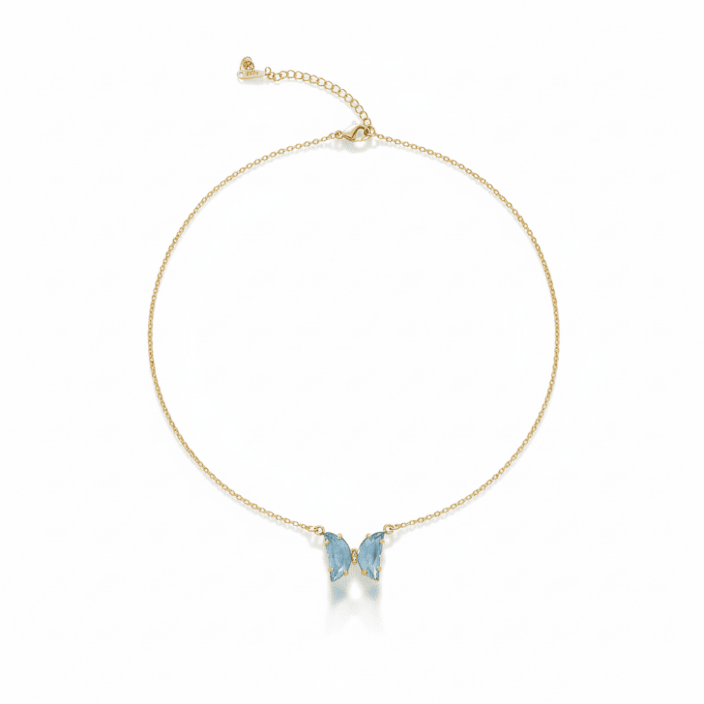 Kadın Çelik Kolye - Kelebek Tasarım - Mavi Zirkon Taşlı - Altın Renk - 5