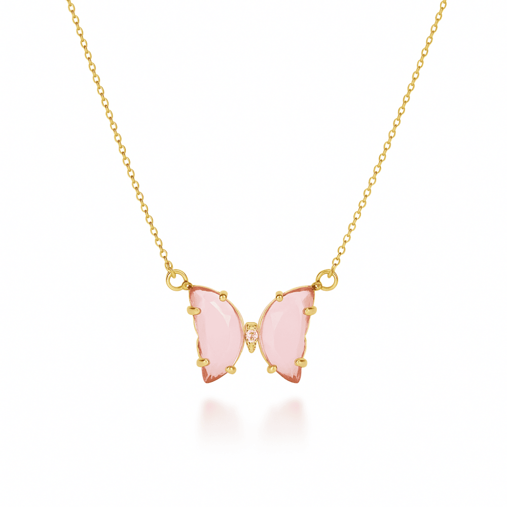 Kadın Çelik Kolye - Kelebek Tasarım - Pembe Zirkon Taşlı - Altın Renk - 4