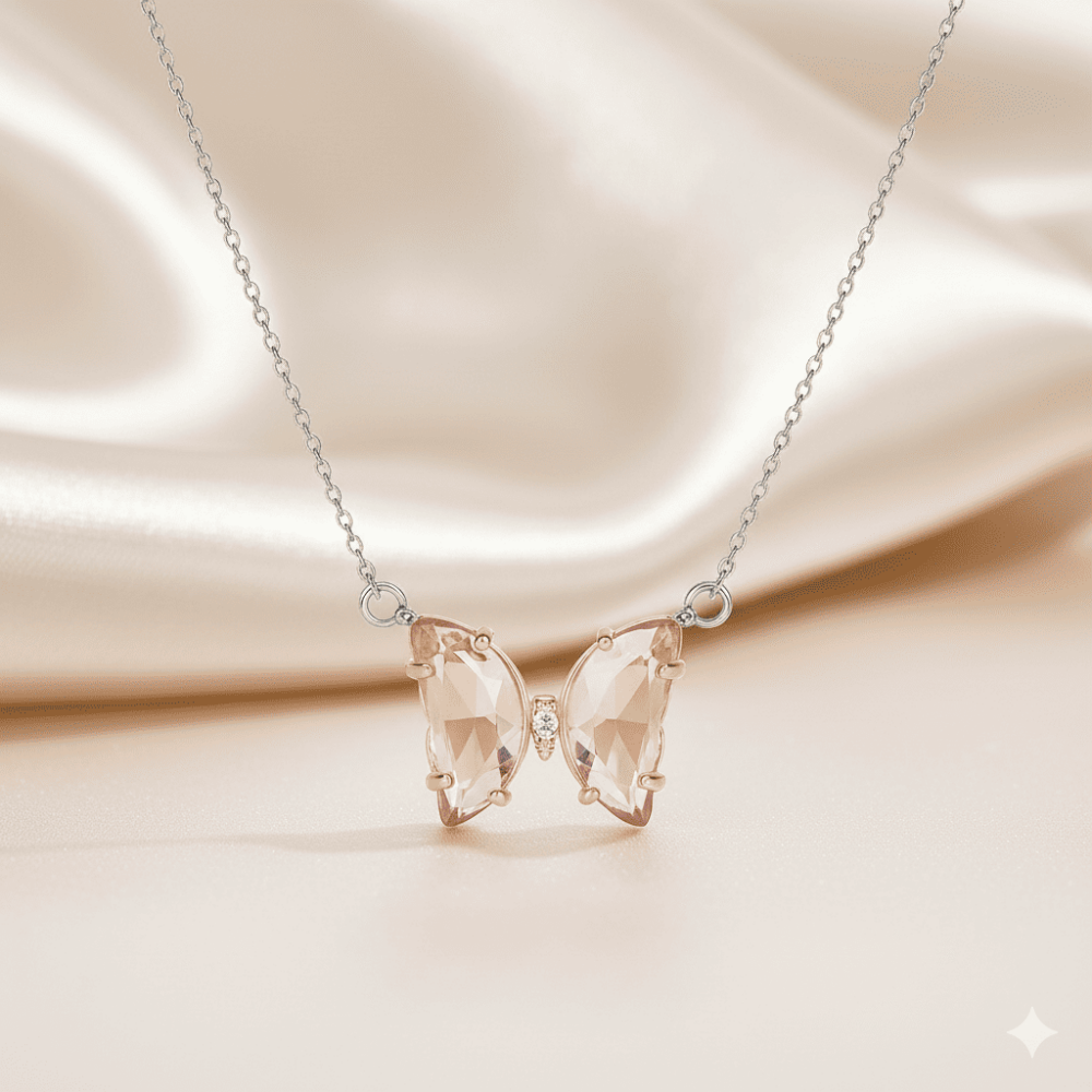 Kadın Çelik Kolye - Kelebek Tasarım - Pembe Zirkon Taşlı - Altın Renk - 3