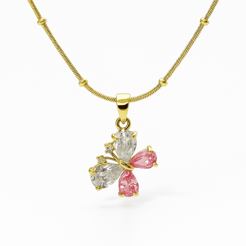 Kadın Çelik Kolye - Kelebek Tasarım - Renkli Zirkon Taşlı - Altın Renk - 4