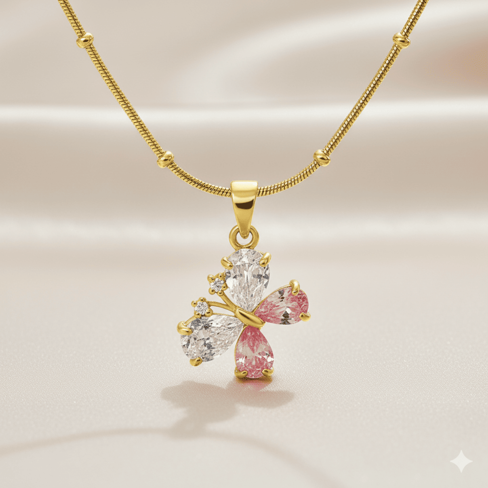 Kadın Çelik Kolye - Kelebek Tasarım - Renkli Zirkon Taşlı - Altın Renk - 3