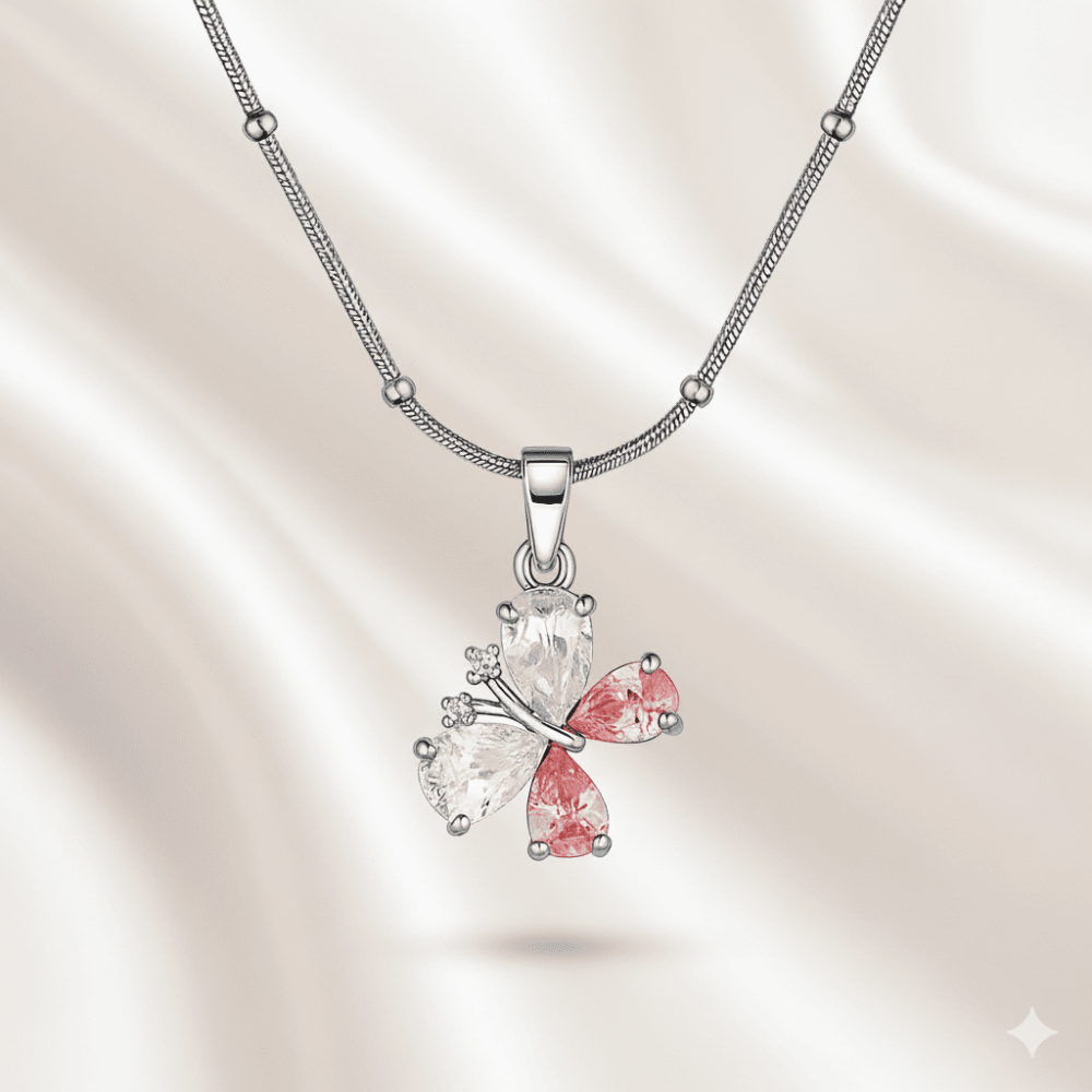 Kadın Çelik Kolye - Kelebek Tasarım - Renkli Zirkon Taşlı - Gümüş Renk - 3