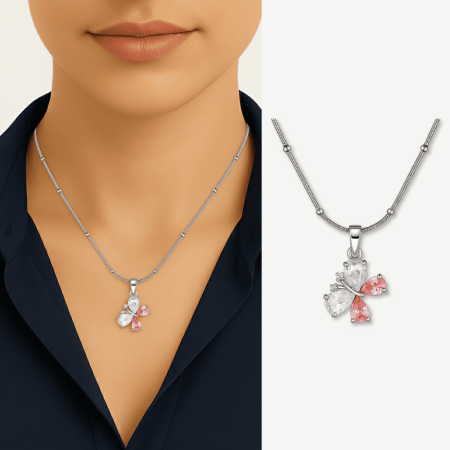 Kadın Çelik Kolye - Kelebek Tasarım - Renkli Zirkon Taşlı - Gümüş Renk - Tesbihane