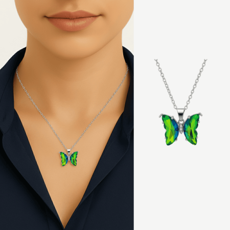 Kadın Çelik Kolye - Kelebek Tasarım - Yeşil Turkuaz Zirkon Taşlı - Gümüş Renk - Tesbihane