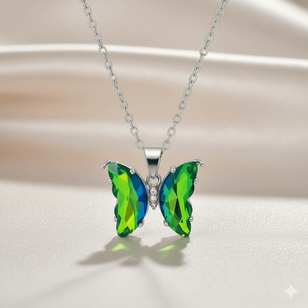 Kadın Çelik Kolye - Kelebek Tasarım - Yeşil Turkuaz Zirkon Taşlı - Gümüş Renk - 3