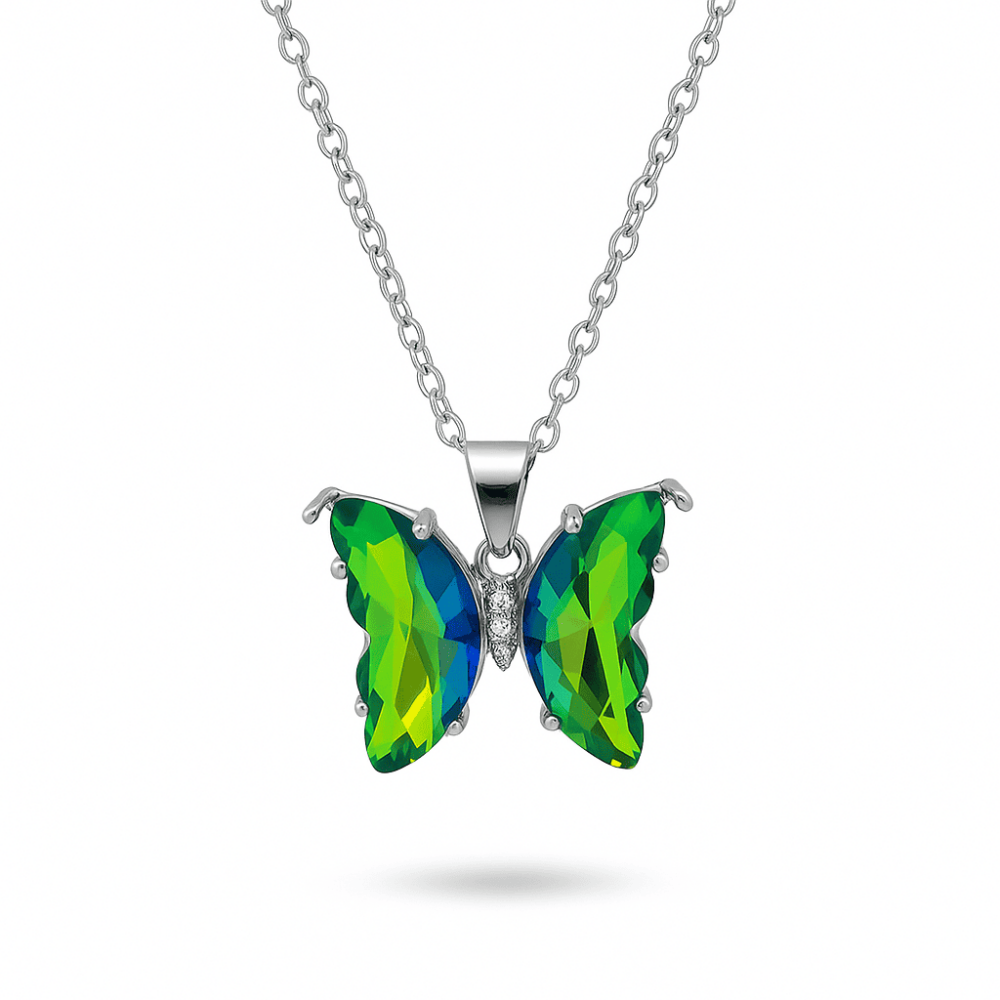 Kadın Çelik Kolye - Kelebek Tasarım - Yeşil Turkuaz Zirkon Taşlı - Gümüş Renk - 4
