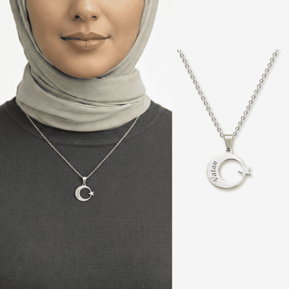 Kadın Çelik Kolye - Kişiye Özel - Gümüş Renk - Ayyıldız Tasarım - 45 cm - 1