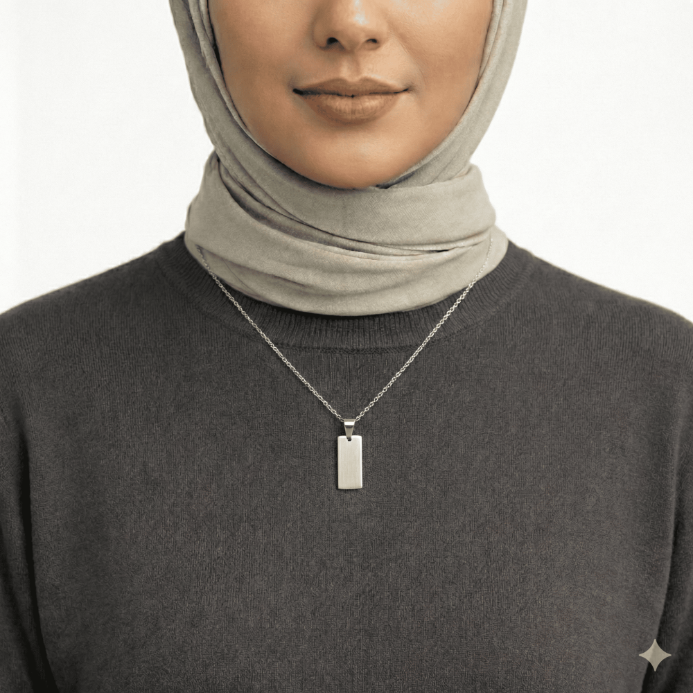 Kadın Çelik Kolye - Kişiye Özel - Gümüş Renk - Dikdörtgen Tasarım - 45 cm - 2