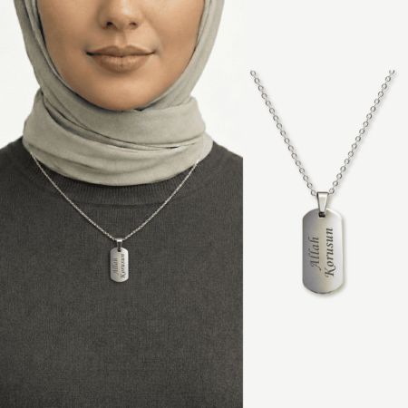 Kadın Çelik Kolye - Kişiye Özel - Gümüş Renk - Oval Dikdörtgen Tasarım - 45 cm - Tesbihane