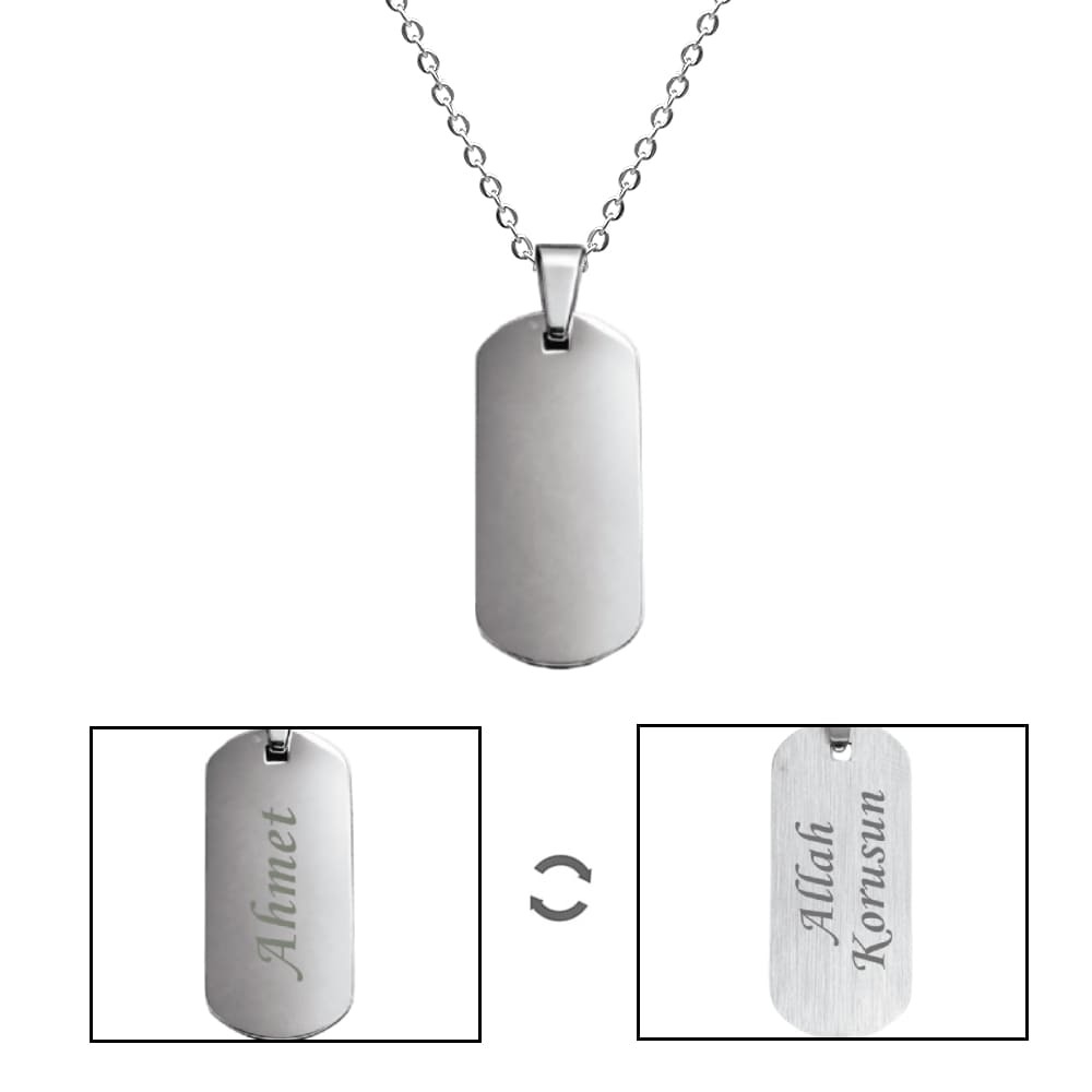 Kadın Çelik Kolye - Kişiye Özel - Gümüş Renk - Oval Dikdörtgen Tasarım - 45 cm - 5