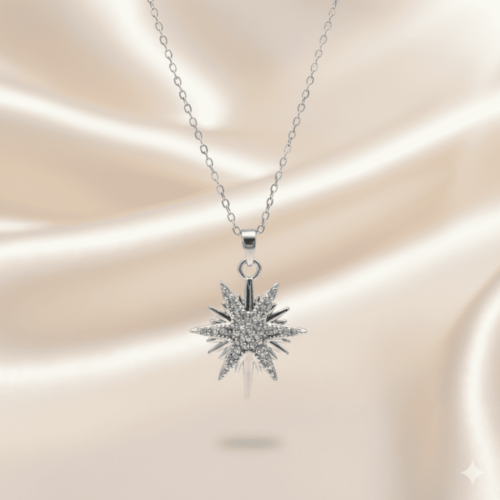 Kadın Çelik Kolye - Kuzey Yıldızı Tasarım - Beyaz Zirkon Taşlı - Gümüş Renk - 3