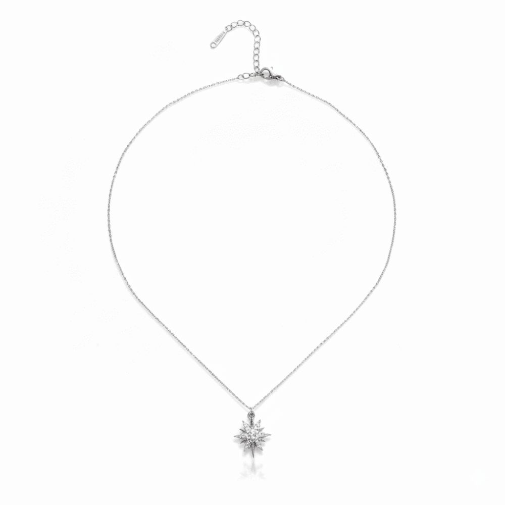 Kadın Çelik Kolye - Kuzey Yıldızı Tasarım - Beyaz Zirkon Taşlı - Gümüş Renk - 5