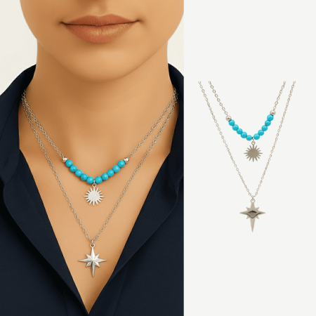 Kadın Çelik Kolye - Kuzey Yıldızı Tasarım - Firuze Taşlı - Gümüş Renk - Tesbihane