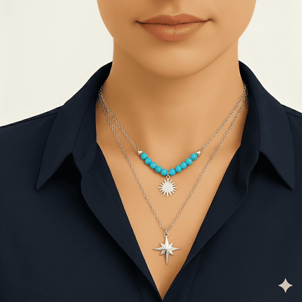 Kadın Çelik Kolye - Kuzey Yıldızı Tasarım - Firuze Taşlı - Gümüş Renk - 2