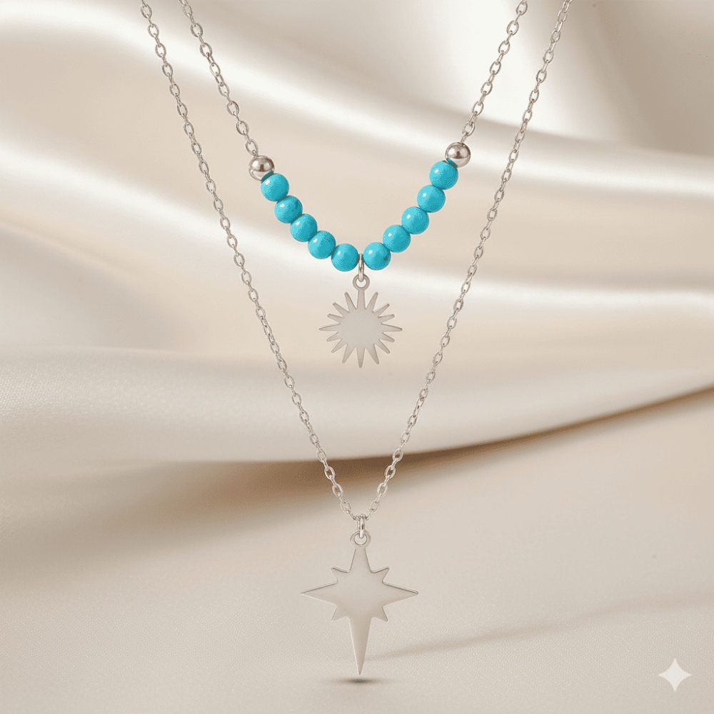 Kadın Çelik Kolye - Kuzey Yıldızı Tasarım - Firuze Taşlı - Gümüş Renk - 3