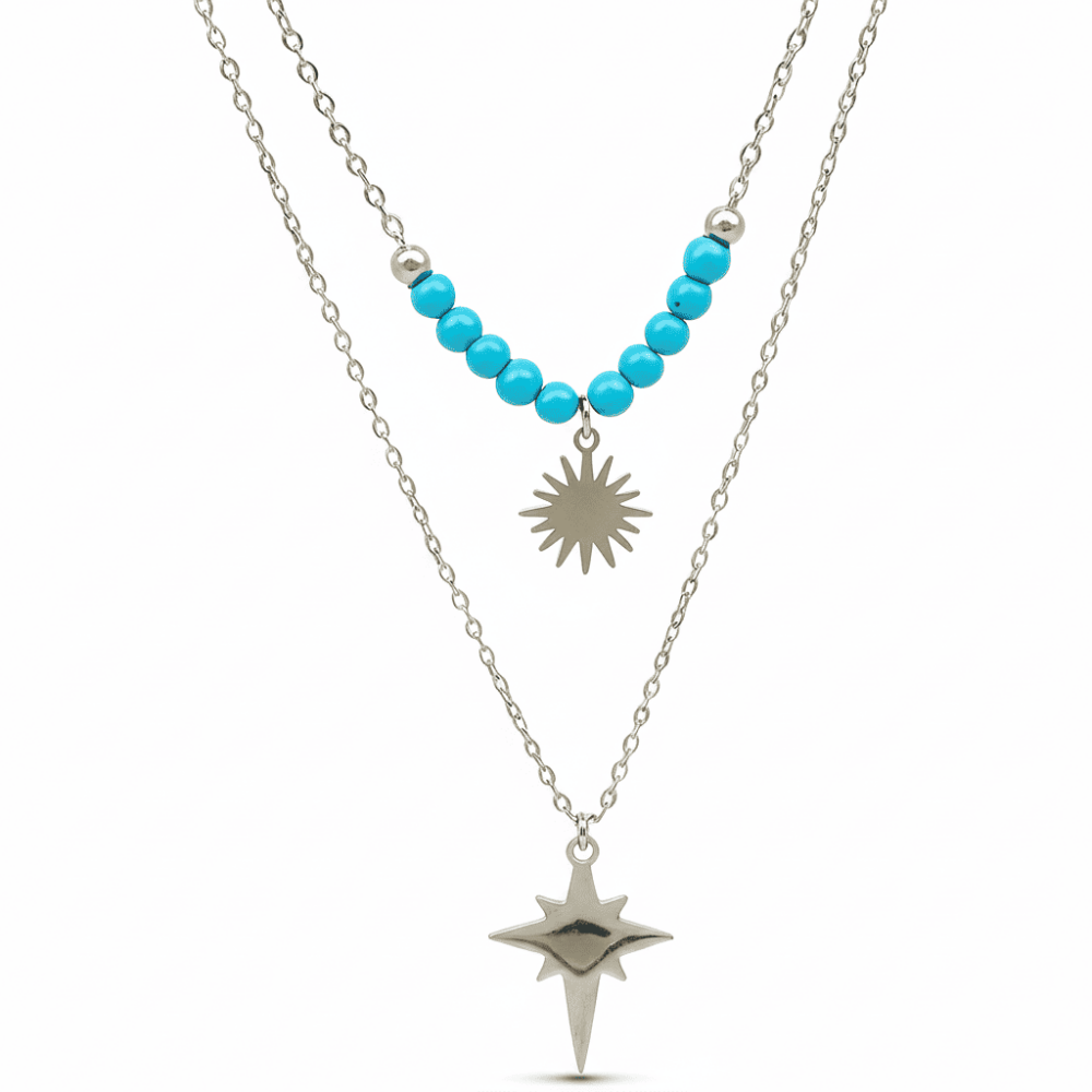 Kadın Çelik Kolye - Kuzey Yıldızı Tasarım - Firuze Taşlı - Gümüş Renk - 4