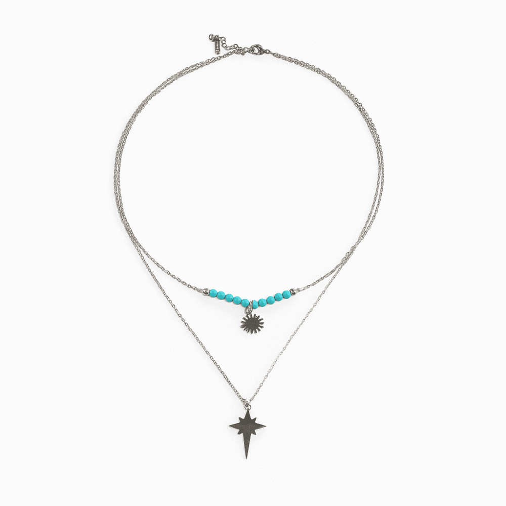 Kadın Çelik Kolye - Kuzey Yıldızı Tasarım - Firuze Taşlı - Gümüş Renk - 5