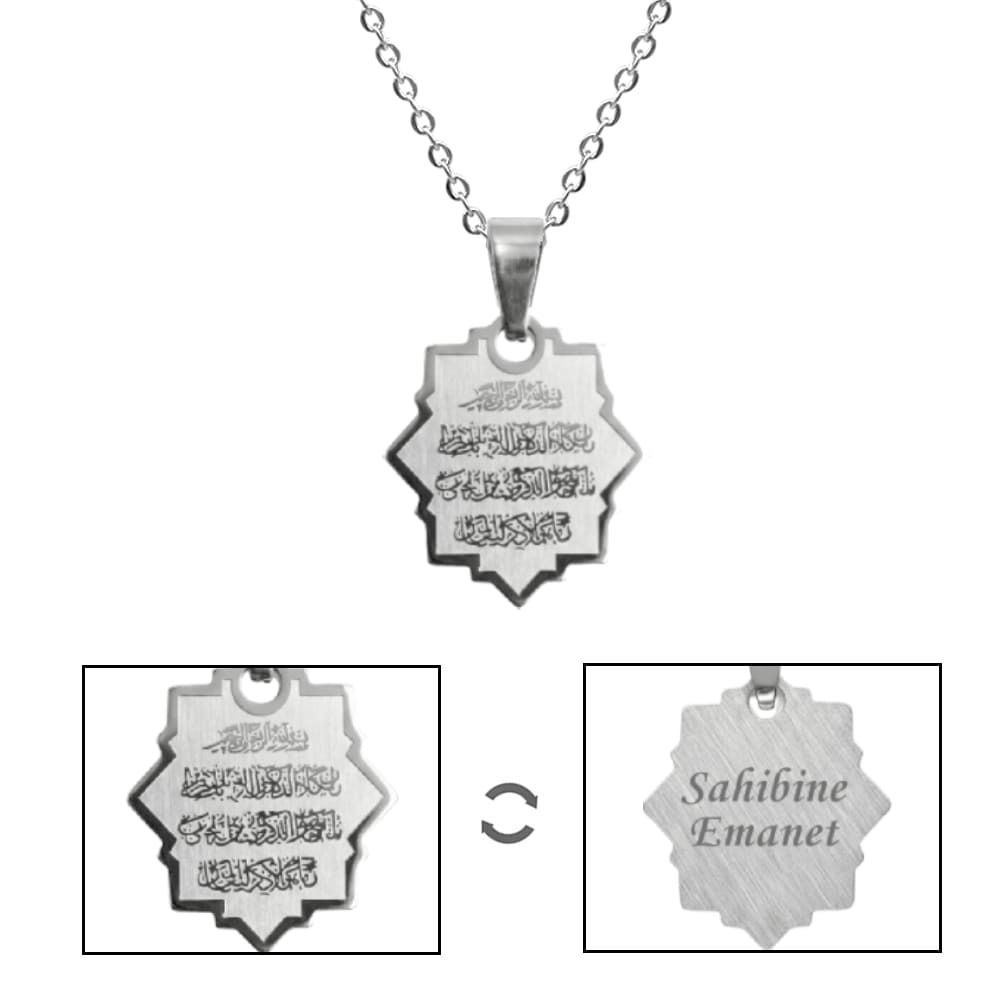 Kadın Çelik Kolye - Nazar Ayeti Yazılı - Kişiye Özel - Gümüş Renk - Yıldız Tasarım - 45 cm - 5