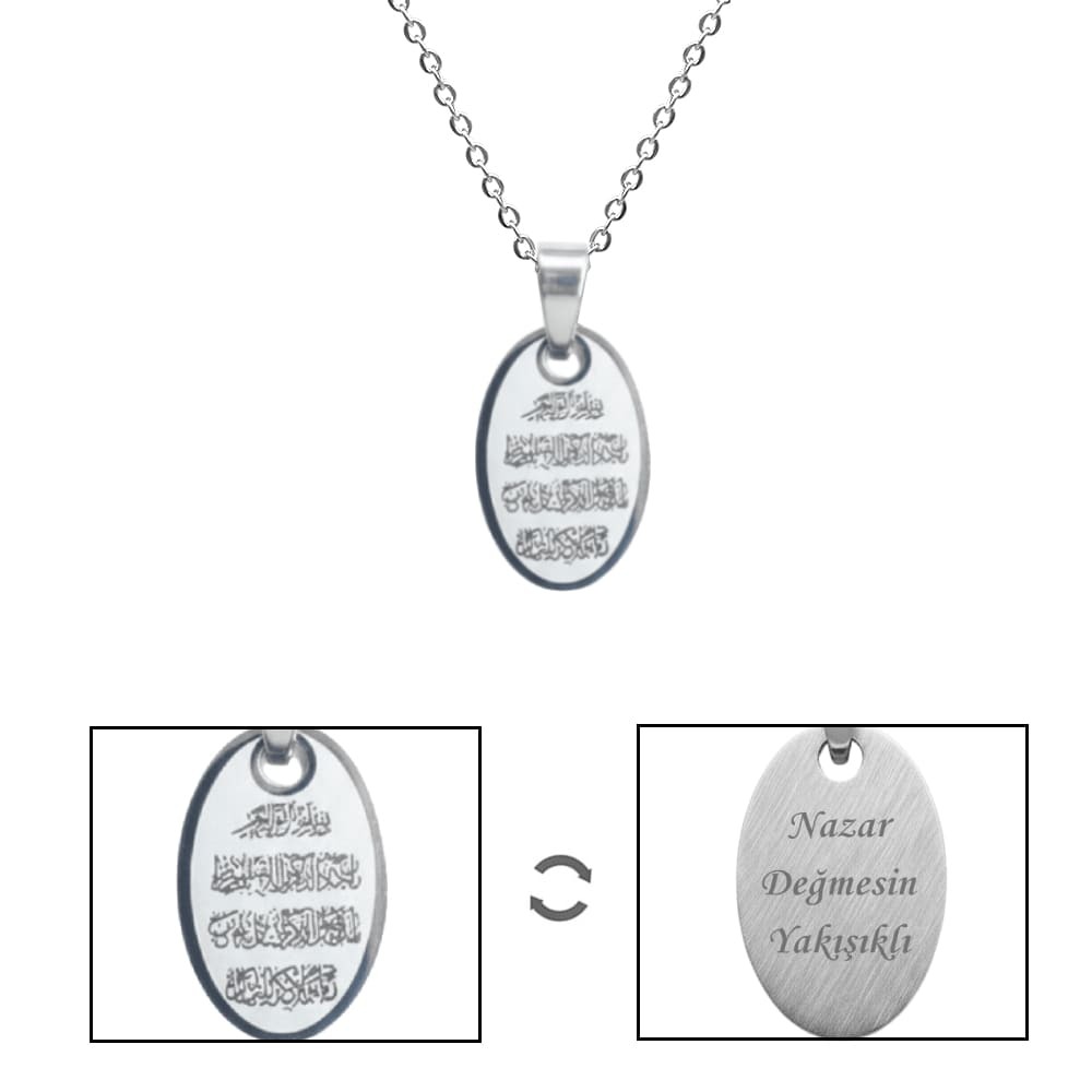 Kadın Çelik Kolye - Nazar Duası Yazılı - Kişiye Özel - Gümüş Renk - Elips Tasarım - 45 cm - 5