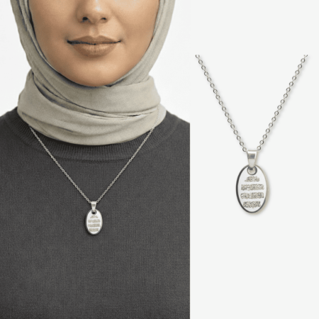 Kadın Çelik Kolye - Nazar Duası Yazılı - Kişiye Özel - Gümüş Renk - Elips Tasarım - 45 cm - Tesbihane