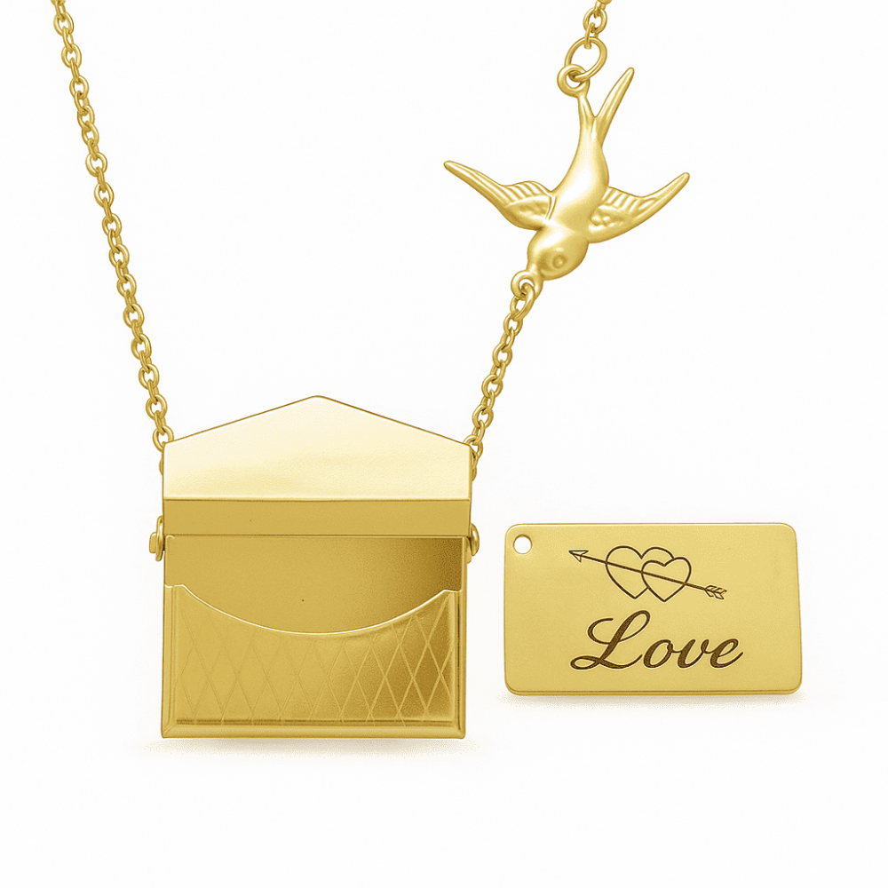 Kadın Çelik Kolye - Posta Güvercini Detaylı - Forse Zincirli - İsme Özel Yazılı - Altın Renk - 5