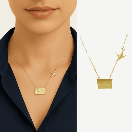 Kadın Çelik Kolye - Posta Güvercini Detaylı - Forse Zincirli - İsme Özel Yazılı - Altın Renk - Tesbihane