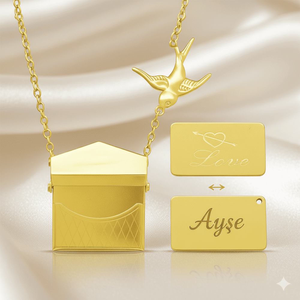 Kadın Çelik Kolye - Posta Güvercini Detaylı - Forse Zincirli - İsme Özel Yazılı - Altın Renk - 3