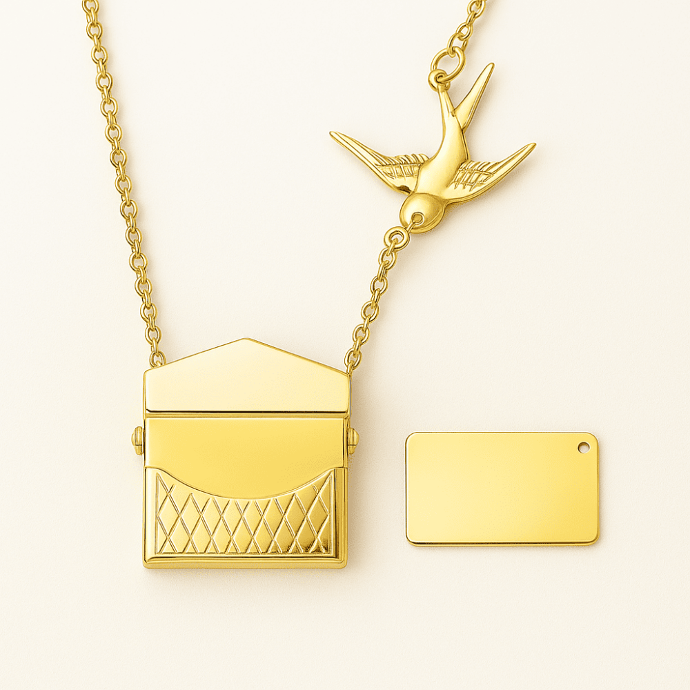 Kadın Çelik Kolye - Posta Güvercini Detaylı - Forse Zincirli - İsme Özel Yazılı - Altın Renk - 6
