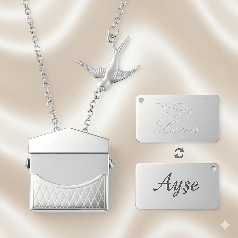 Kadın Çelik Kolye - Posta Güvercini Detaylı - Forse Zincirli - İsme Özel Yazılı - Gümüş Renk - 3