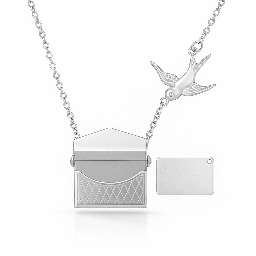 Kadın Çelik Kolye - Posta Güvercini Detaylı - Forse Zincirli - İsme Özel Yazılı - Gümüş Renk - 5