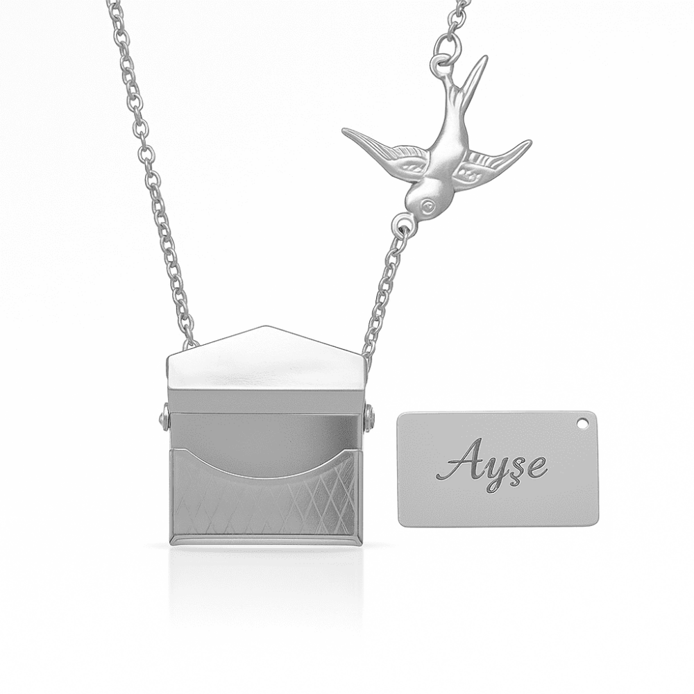 Kadın Çelik Kolye - Posta Güvercini Detaylı - Forse Zincirli - İsme Özel Yazılı - Gümüş Renk - 6