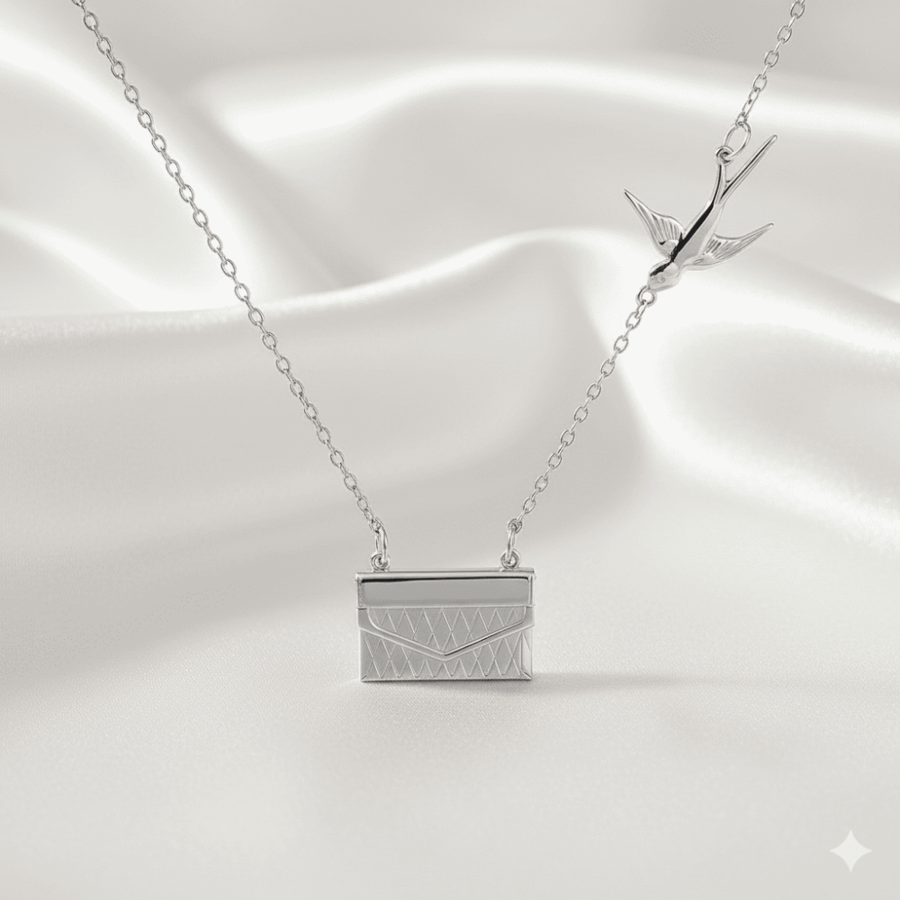 Kadın Çelik Kolye - Posta Güvercini Detaylı - Forse Zincirli - İsme Özel Yazılı - Gümüş Renk - 8