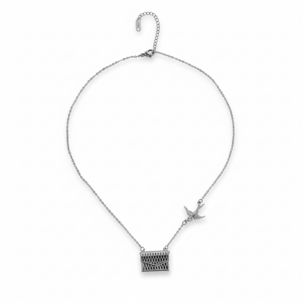 Kadın Çelik Kolye - Posta Güvercini Detaylı - Forse Zincirli - İsme Özel Yazılı - Gümüş Renk - 10