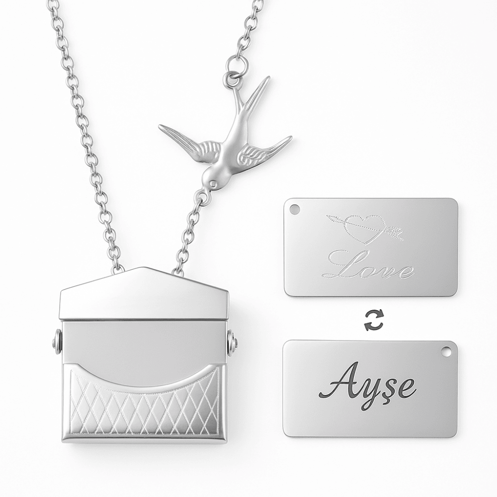 Kadın Çelik Kolye - Posta Güvercini Detaylı - Forse Zincirli - İsme Özel Yazılı - Gümüş Renk - 4